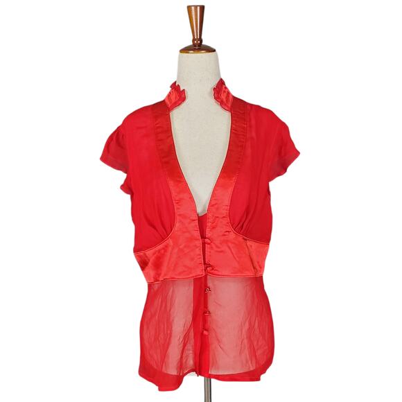 Y2k Silk Blend Red Office Siren Blouse Sheer - Size Large - Picture 3 of 8